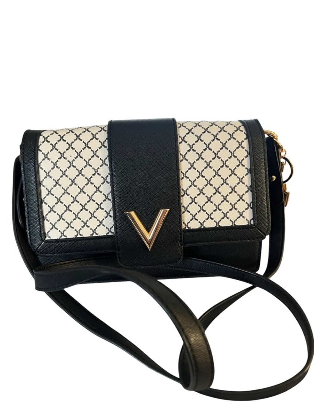 Luca Grossi Black & Cream Crossbody Bag with Gold V Accent